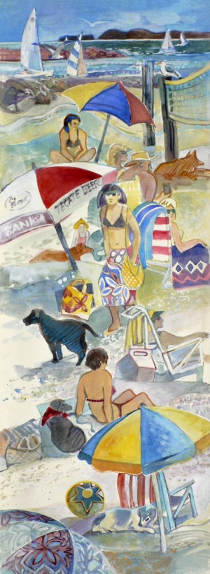 Beach people on sand watercolor painting Margy Gates