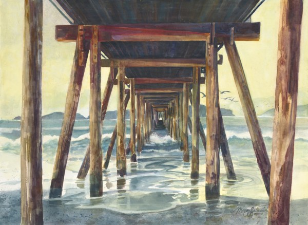 Ocean pier waves island watercolor painting Margy Gates