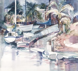 Island boats seashore watercolor painting Margy Gates