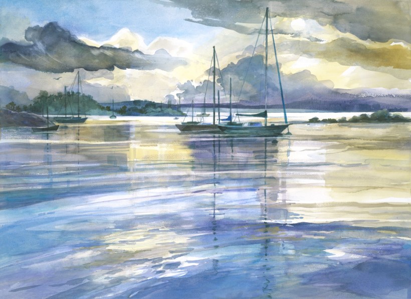 Boat Savusavu sunset watercolor painting Margy Gates