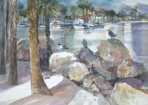 Channel Islands Harbor boats watercolor painting Margy Gates