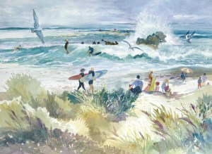 Surf Leo Carrillo Beach watercolor painting Margy Gates