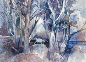 White Mountain island horses watercolor painting Margy Gates